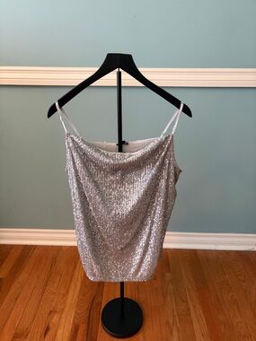 Ann Taylor Silver Sequin Cowl Neck Tank